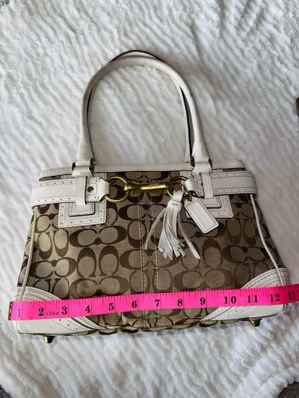 Vintage Coach Signature Canvas Satchel in Khaki and White Trim - Picture 4 of 16